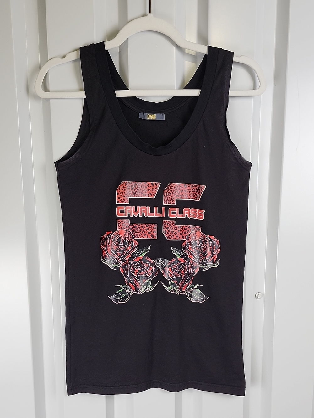 Cavalli Class Black Tank Red Rose Graphic Logo Womens Med Muscle T-shirt Edgy
